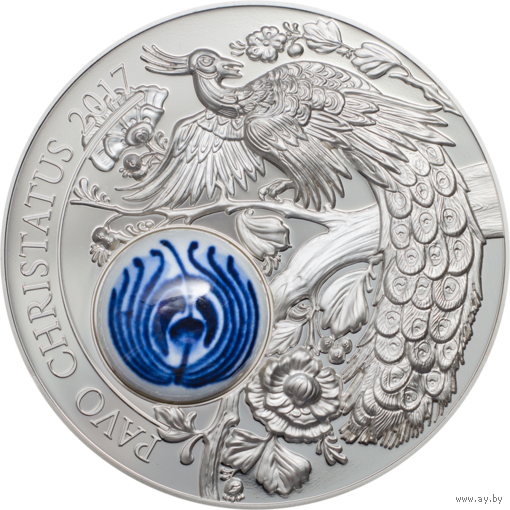 RARE Острова Кука 10 долларов 2017г. Royal Delft: "Павлин - Pavo Christatus". Фарфор. Монета в капсуле, подарочном футляре; номерной сертификат; коробка. СЕРЕБРО 50гр.