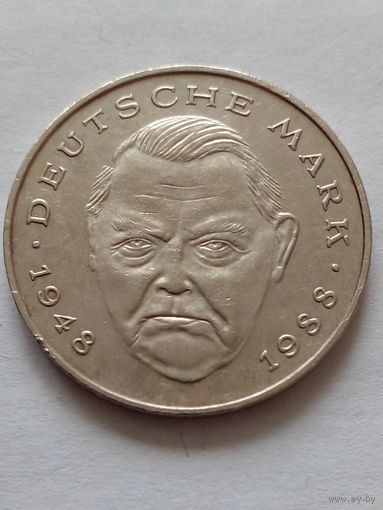 Германия.2 марки 1990 J.Людвиг Эрхард.Канцлер ФРГ(1963-1966).