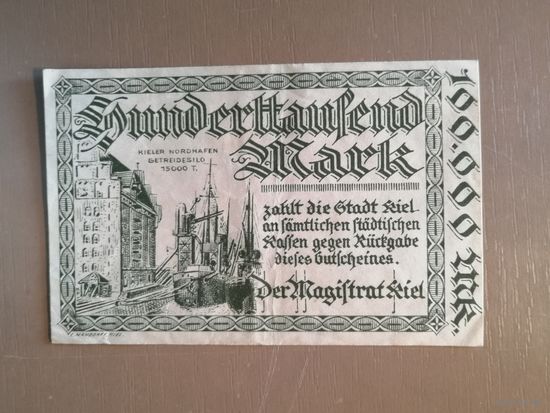 Германия БЕЗ ДАТЫ 1923 год, сто тысяч, 100000 марок город Киль, 2614.b, ВЗ Ovalmuster