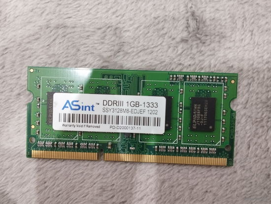 Оперативная память ASint 1GB DDR3, SO-DIMM, PC3-10600, 1333 МГц, CL 9T, напряжение 1,5v.