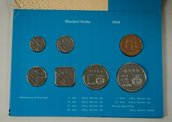 Аруба годовой набор 5+10+25+50 центов 1+2,5 гульдена + жетон 1994 год, UNC.