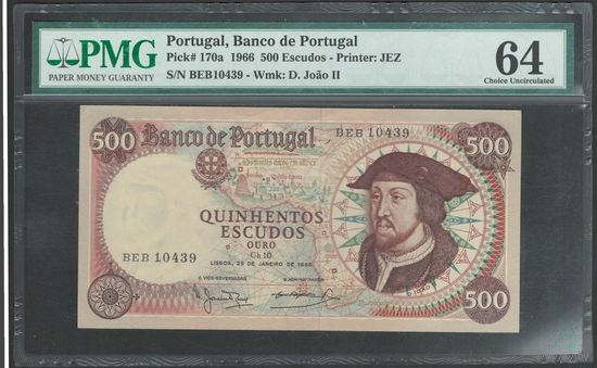 Португалия 500 эскудо 1966 года. Тип Р-170. Состояние UNC. В слабе PMG 64