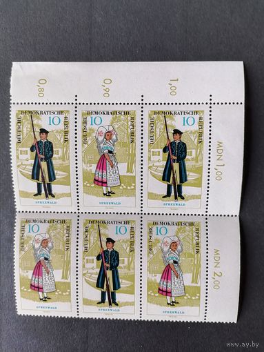 ГДР 1964 Шести блок марок серии "Национальный костюм" (чистые**, угол листа имеет узкое место но не затрагивает марки) Mi.1076-1077 каталог 15.00 евро