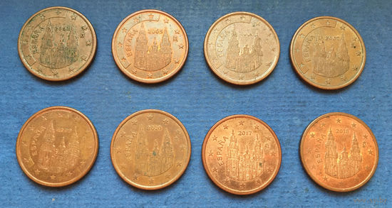 Испания 5 евроцентов 1999, 2000, 2003, 2004, 2005, 2006, 2007, 2008, 2009, 2010, 2014, 2016, 2017, 2018
