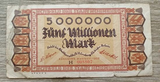 Werty71 Германия 5 миллионов 5000000 марок 1923 Нюрнберг  5 000 000 банкнота гроссгельд