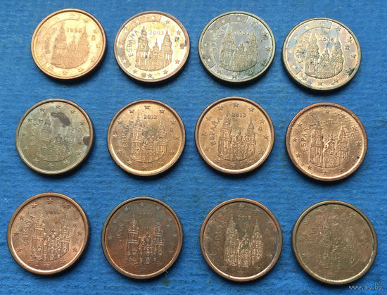 Испания 1 евроцент 1999, 2003, 2007, 2008, 2009, 2010, 2011, 2012, 2013, 2015, 2016, 2017, 2018, 2019