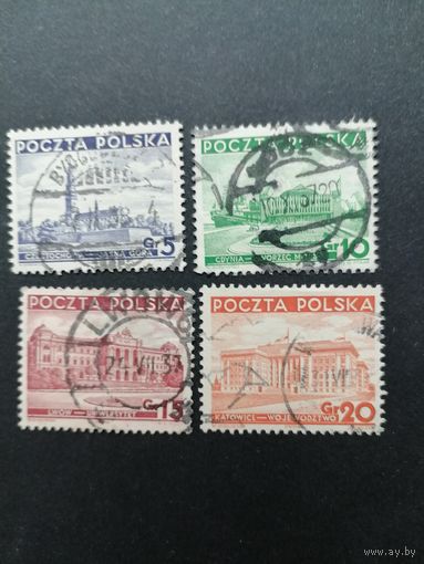 Польша 1937 Полная серия марок "Различные достопримечательности" (гашение без клея с наклейками) Mi.315-318 каталог 1.20 евро