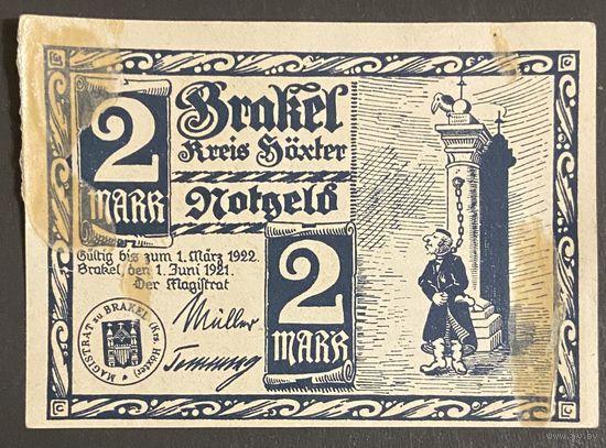Нотгельд 2 марки 1921 год. Бракель. Веймарская республика