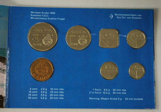 Аруба годовой набор 5+10+25+50 центов 1+2,5 гульдена + жетон 1993 год, UNC.