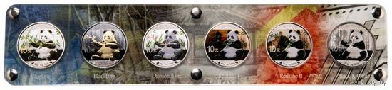 Китай 6х10 юаней 2017г.: "Панда 2017 Prestige Set". Монеты в магнитном акриловом стенде; деревянном подарочном футляре; сертификат. СЕРЕБРО 6х30гр.