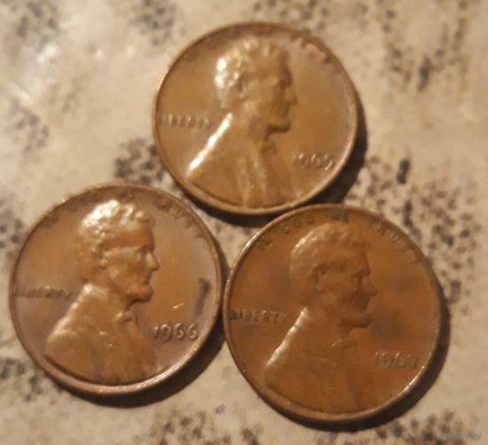 1 цент 1965. 1966. 1967 сет 3 шт. США Без обозначения МД