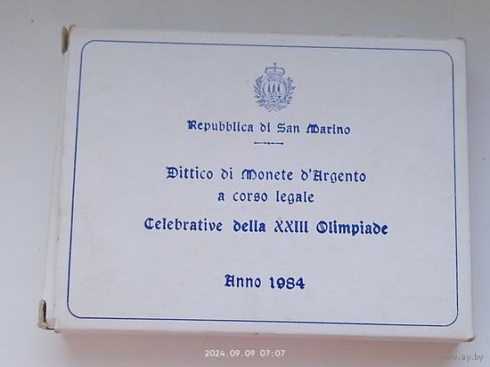 Серебро 0, 835 !Сан Марино, набор из 2-х монет  в футляре! 500 и 1000 лир 1984 г.  XXIII летние Олимпийские игры , Лос-Анжелис 1984 в упаковке и банковской запайке сертификат, тематический буклет.