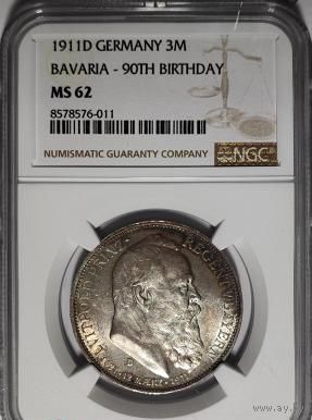 3 марки 1911 Луитпольд Баварский ms 62 NGC