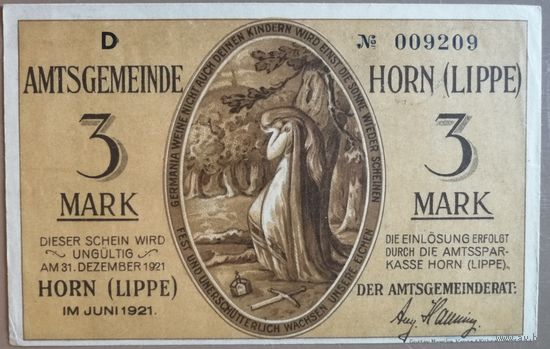 Германия 3 марки 1921 г Хорн (Липпе) (Horn (Lippe)) 628.2, литера "D", aUNC