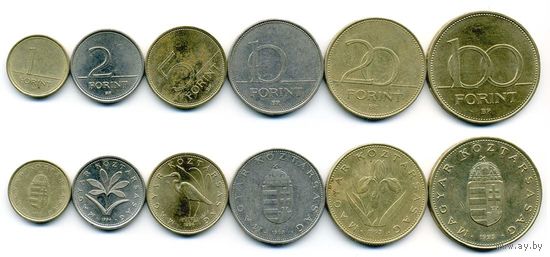 ВЕНГРИЯ 1, 2, 5, 10, 20, 100 ФОРИНТОВ 1993-1995 6 МОНЕТ KM 692-698 латунь, медно-никель
