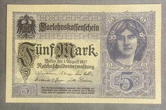 Банкнота 5 марок 1917 год. Германская империя . С рубля без МЦ.