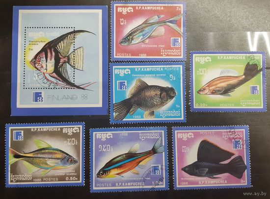 Камбоджа. 1988 год. Фауна. Рыбы. Блок и 6 марок (25)