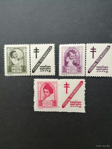 Польша 1948 Неполная серия марок с купонами "Борьба с туберкулезом" (чистые**) Mi.511 Zf, 513 Zf-514 Zf каталог 17.50 евро