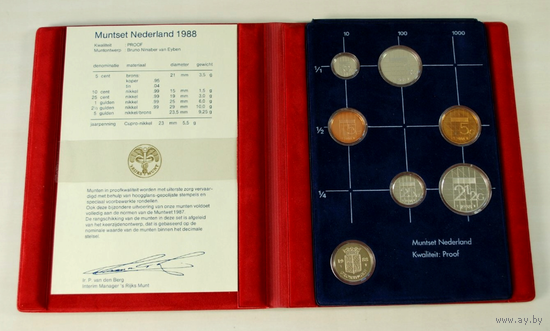 Нидерланды, годовой набор монет (Голландия) 1988 год, 5+10+25 центов 1+2,5 гульдена + жетон, Proof.