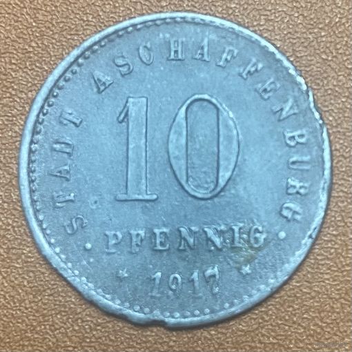 Монета 10 пфеннигов 1917 год. Ашаффенбург. Веймарская республика.