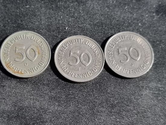 Германия  50 пфеннигов 1989 лот 3 шт  F J D