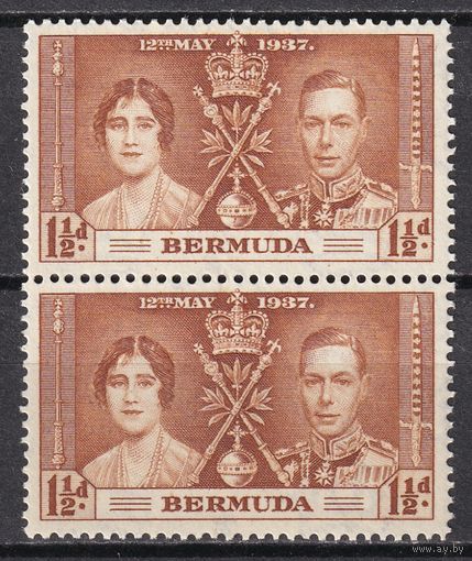 68.BrKS. Великобритания. Колонии.  Бермудские острова. Коронация Георга VI и Елизаветы. 1937 г. 1 1/2P. Mi.#99. Пара. MNH.