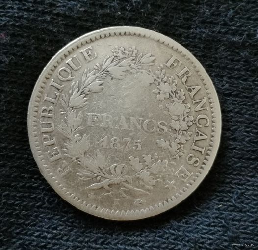 Франция 5 франков, 1875 год, Геркулес, KM# 820, Отметка м.д. "K" - Бордо, тираж существенно меньше