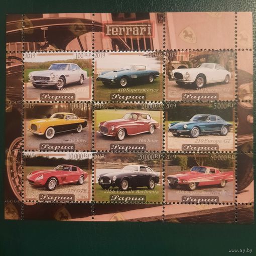 Папуа 2019. Автомобили Феррари.Ferrari. Малый лист