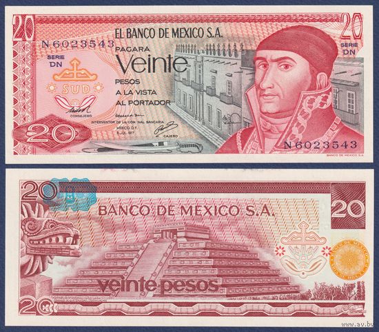 Мексика, 20 песо 1977 г., P-64d (DG, священник Хосе Мария Морелос), UNC