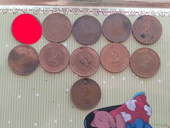 10 монеты БЕЗ ПОВТОРОВ 2 пфеннига Германия ФРГ НЕ ПОЛНАЯ ПОГОДОВКА  лот 40 год: 1971F,1975D,1976F,1983J,1984J,1989G,1990G,1990D,1991A,монис то 1995