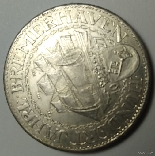 Веймарская республика. Германия. 3 марки 1927 года, 100 лет Бремерхавену. Серебро. Официальный новодел.
