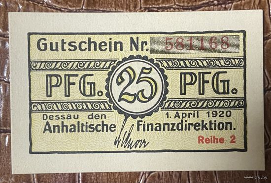 Нодгельд 25 пфеннигов 1920 год. Дессау. Веймарская республика