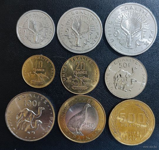 Джибути 1, 2, 5, 10, 20, 50, 100, 250, 500 франков (9 монет) 1991 - 2013 год