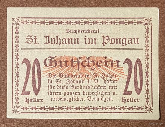 Нотгельд Австрия Санкт-Йоханн-им-Понгау , 20 геллеров 1920 год