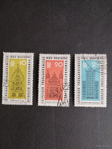 ГДР 1963 Полная серия марок "Лейпцигская весенняя ярмарка" (гашение с клеем и наклейками) Mi.947-949 каталог 3.50 евро