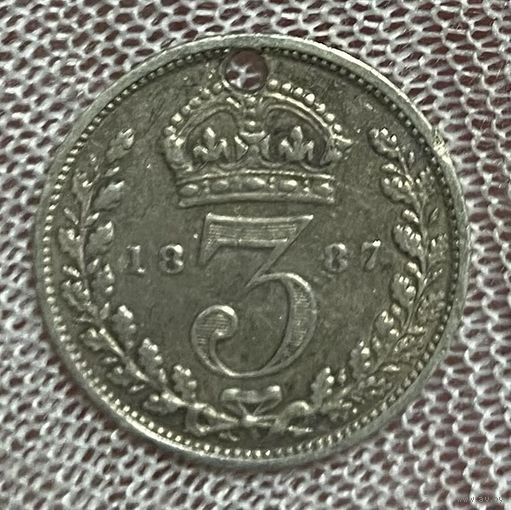 Монета Великобритания 3 пенса 1887 год. Королева Виктория . Серебро