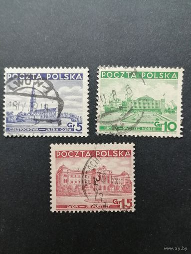 Польша 1937 Неполная серия марок "Различные достопримечательности" (гашение без клея с наклейками) Mi.315-317 каталог 0.70 евро