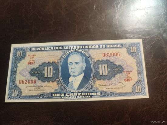 Бразилия 10 крузеиро образца 1961-1963 года AUNC p167b