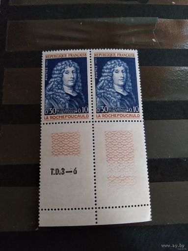 1965 Франция Ларошфуко писатель культура чистая MNH** квартблок с 2 купонами и номером печатной платы выпускалась одиночкой (4-16)