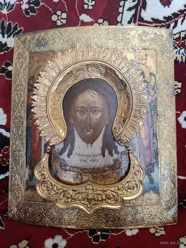 Икона Спас Нерукотворный в позолоченном серебре, 84 пр.школьного письма на золоте (Палех, Мстера, Москва?) 1819 г.
