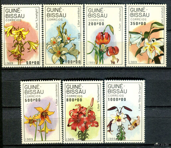 Гвинея Бисау - 1989г. - Цветы, лилли - полная серия, MNH, 4 марки с отпечатками на клее, 1 со смятостью на лицевой стороне, 1 с незначительным повреждением клея [Mi 1049-1055] - 7 марок