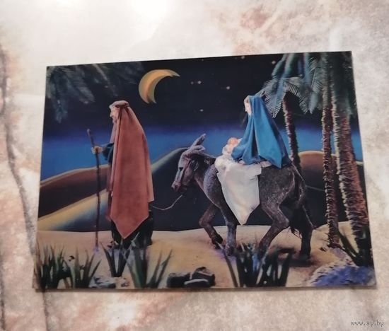 Открытка стерео 3 D. Япония времен СССР. Иосиф и Мария с младенцем