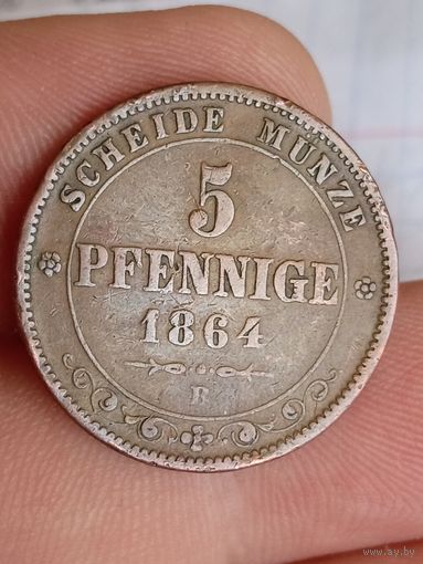 5 пфеннингов 1864 года в отличном состоянии. Саксония.
