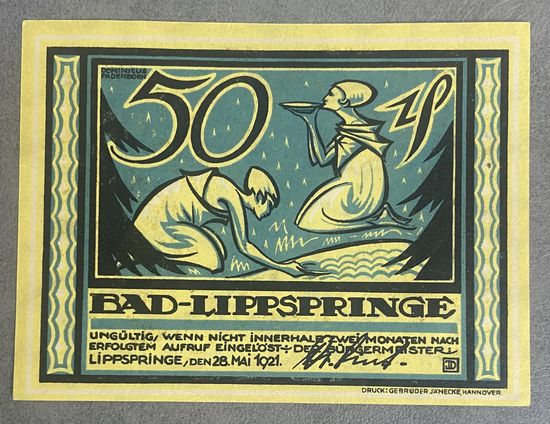 Нотгельд Бад-Липшпринге 50 пфеннигов 1921 год. Веймарская республика