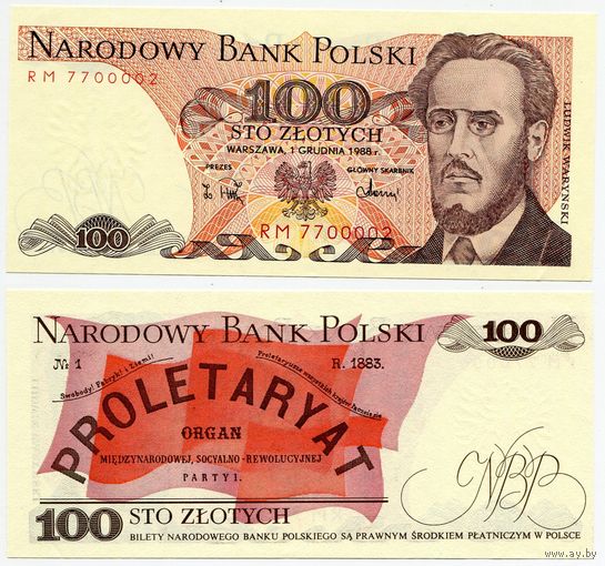 Польша. 100 злотых (образца 1988 года, P143e, UNC) [серия RM, #7700002]