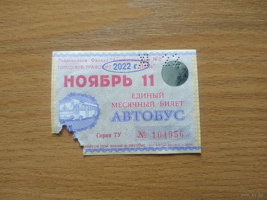 Проездной единый месячный билет. Автобус. Беларусь, Лида, ноябрь месяц 2022 года.(2).