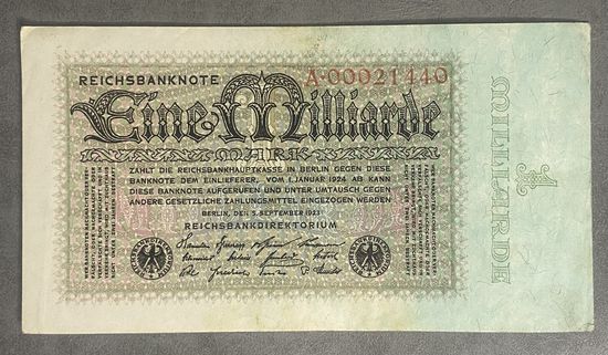Банкнота. Веймарская республика. 1 миллиард марок 1923 год.
