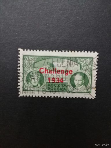 Польша 1934 Марка с надпечаткой "CHALLENGE 1934" на марке Mi.280 из серии "Перелет в Европу" (гашение без клея, наклейка) Mi.290 каталог 4.00 евро