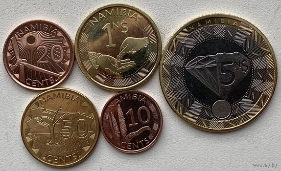 Намибия 10, 20, 50 центов 1, 5 долларов 2025 г. Набор 5 монет