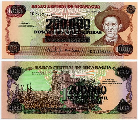 Никарагуа. 200000 / 200 000 на 1000 кордоба (образца 1990 года, P162, UNC)